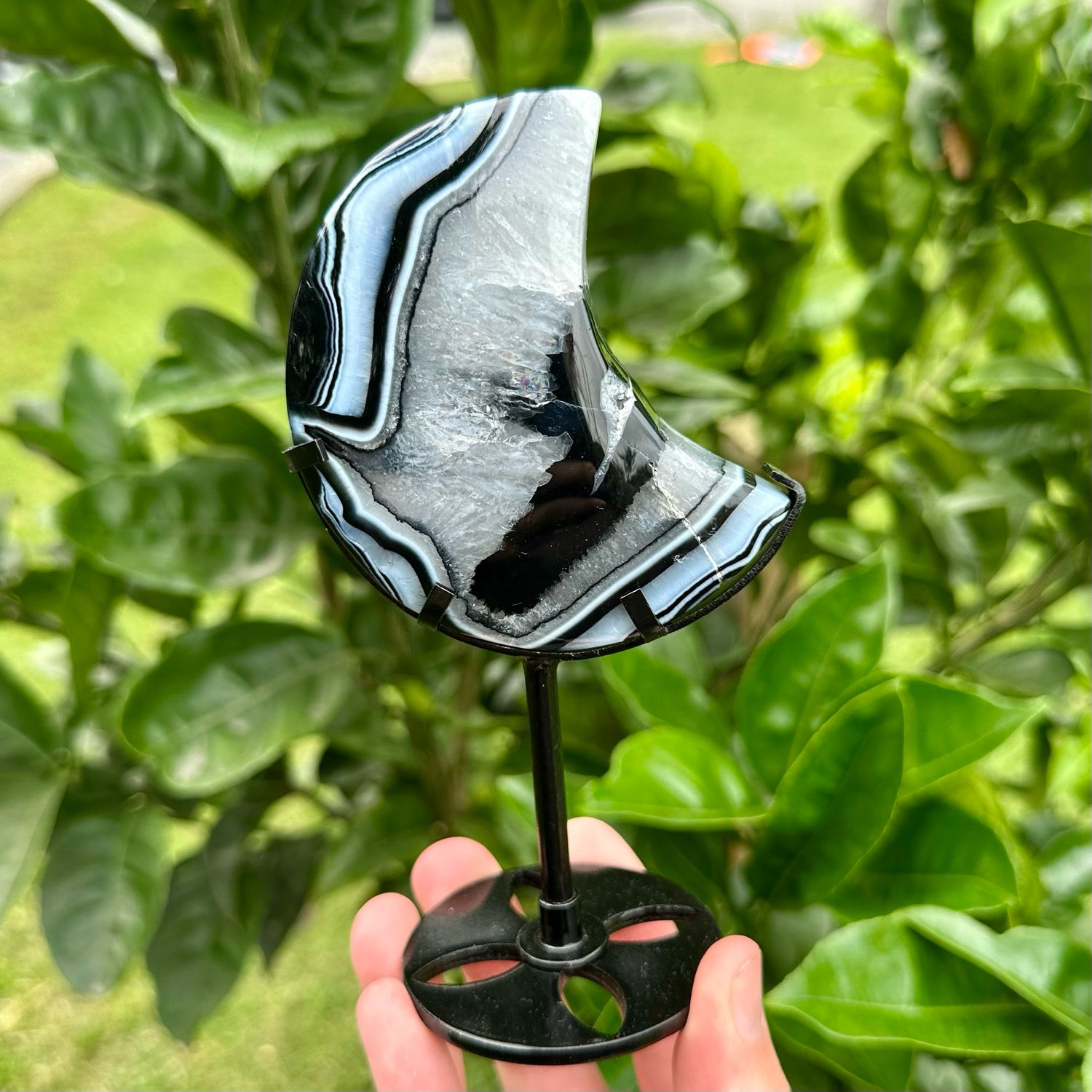 Black Agate Moon On Stand