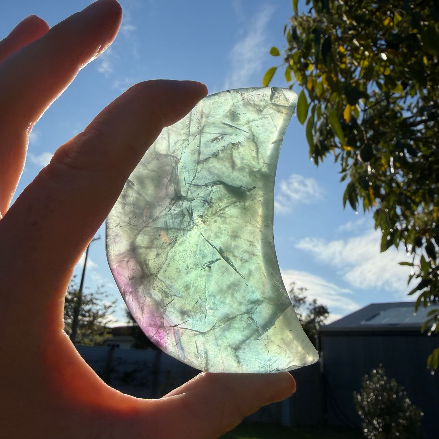 Rainbow Fluorite Moon On Stand