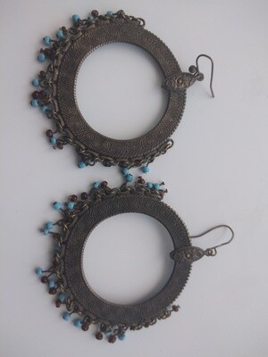 Pair of Antique Tribal Silver Studded Hinged Earrings Sindh Valley Silver Cuff Bracelets from Pakistan