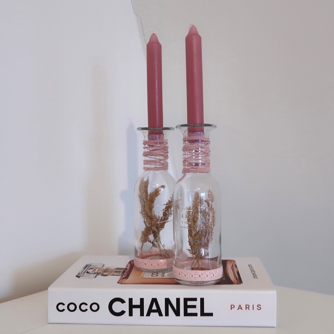 Kaarsenstandaard Roze met Droogbloemen 2 stuks