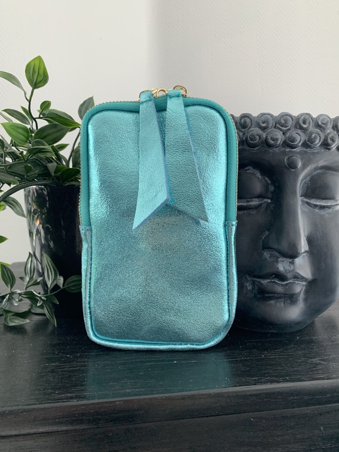 Lederen schoudertasje | Lang Metallic Blauw