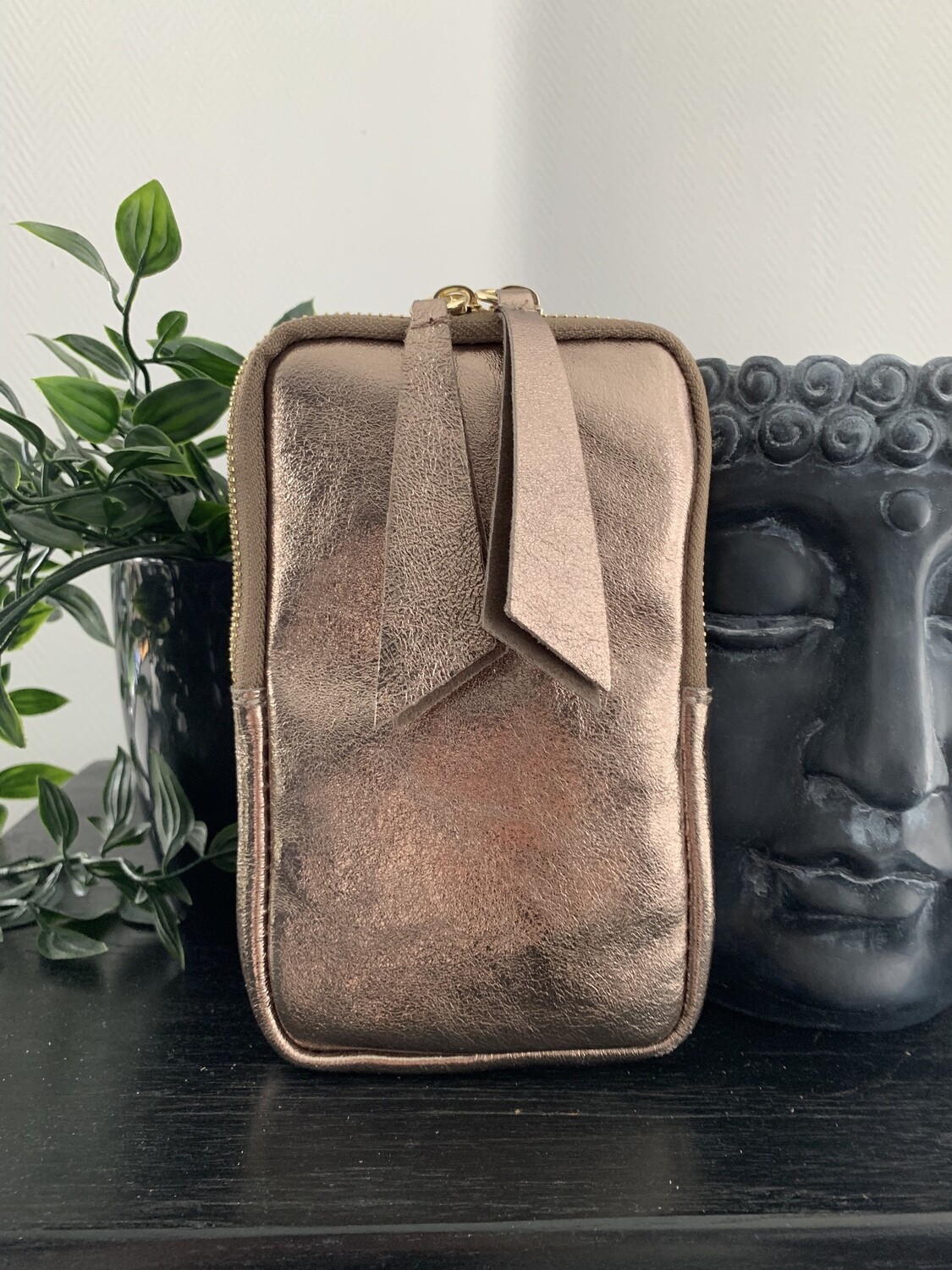 Lederen schoudertasje | Lang Metallic Brons