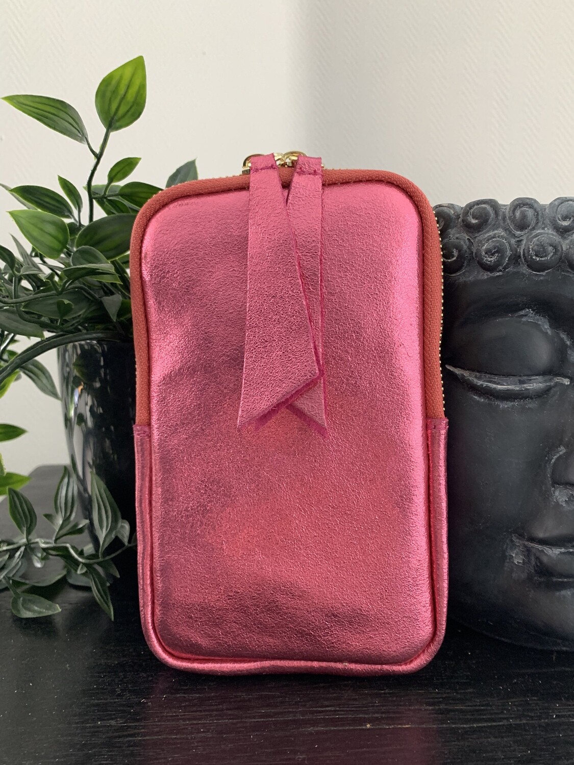 Lederen schoudertasje | Lang Metallic Midden-Roze