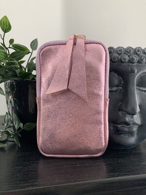 Lederen schoudertasje | Lang Metallic Roze