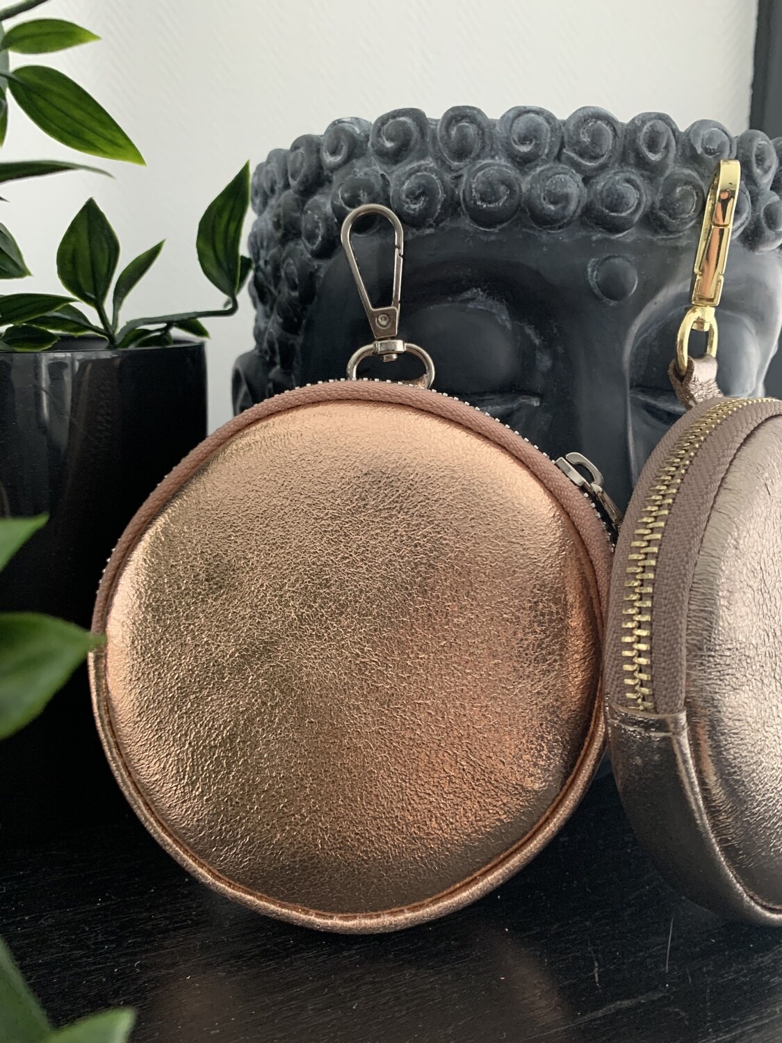 Lederen Etui Portemonnee - Rond Metallic Rosegoud
