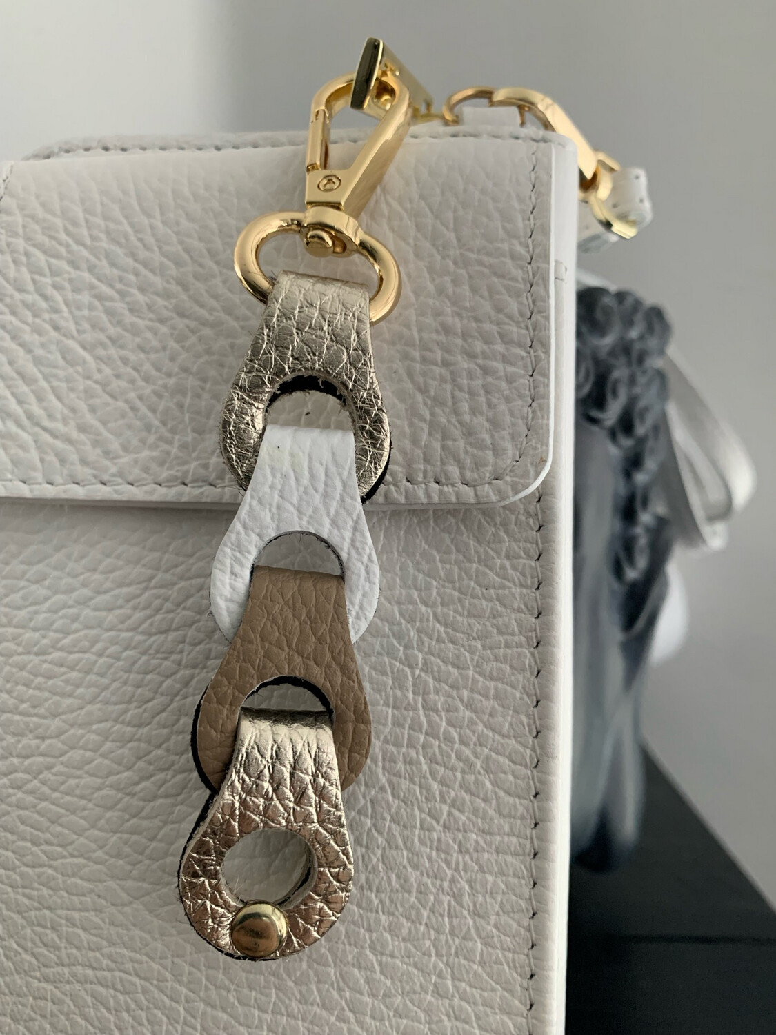 Sleutelhanger | Gevlochten | Leer Crème/Goud/Bruin