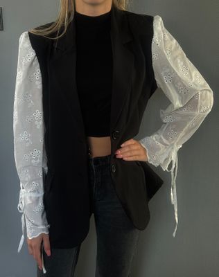 Blazer Black White Embroidery