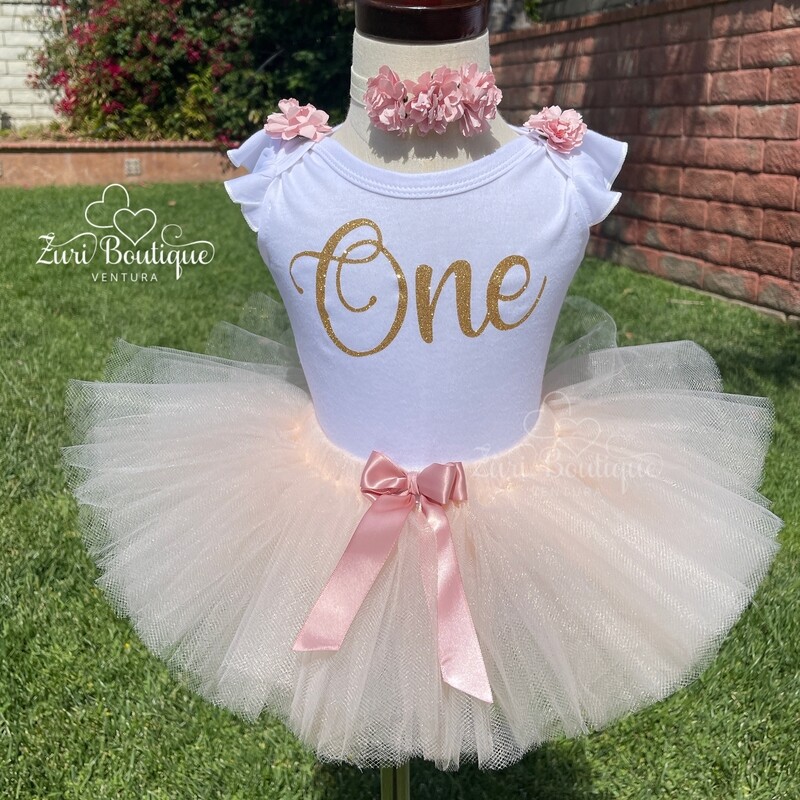 First Birthday Peach Tulle with Mauve Ribbon