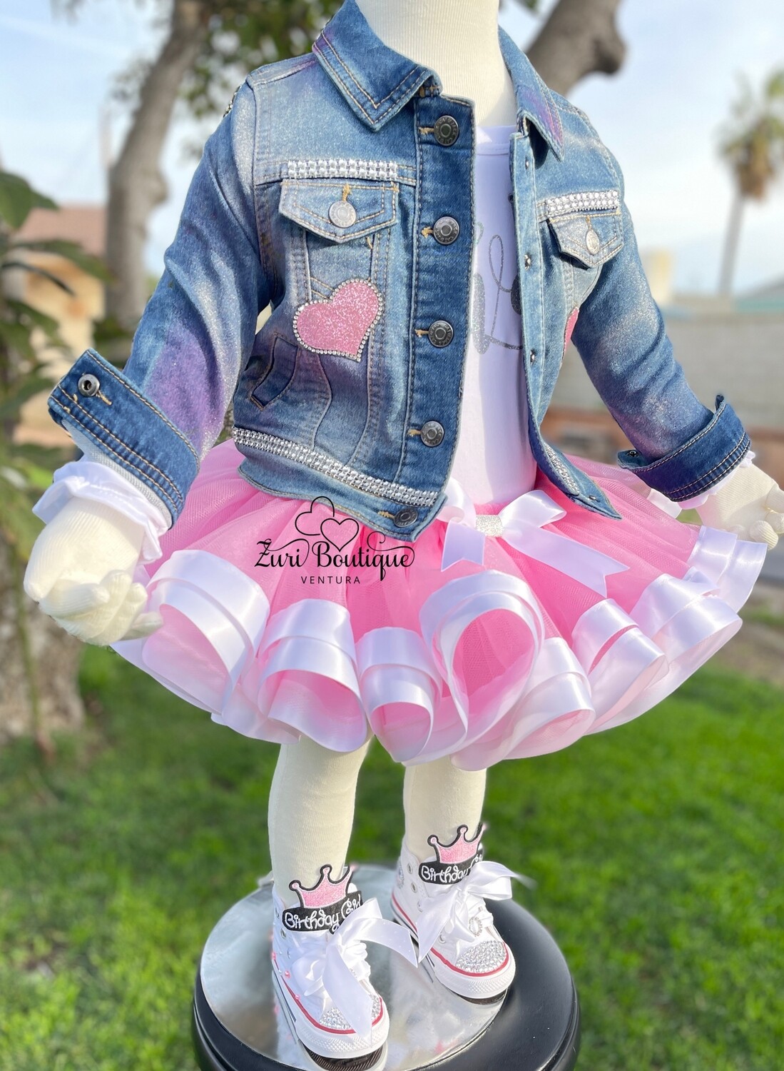 Rhinestone Birthday Girl tutu outfit with optional blinged denim jacket and shoes