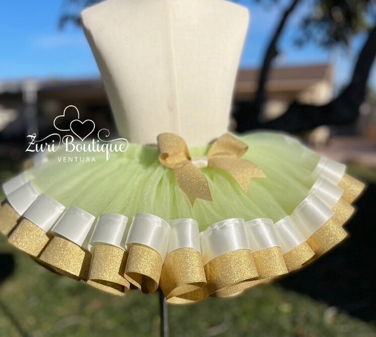 Princess Tiana Green with Ivory and Gold Glitter Ribbon Trim Tutu Skirt (Tutu/Anklets ONLY
)
