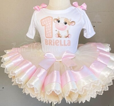 Cute Baby Brown Cow w/ cream lace trimmed tutu skirt
