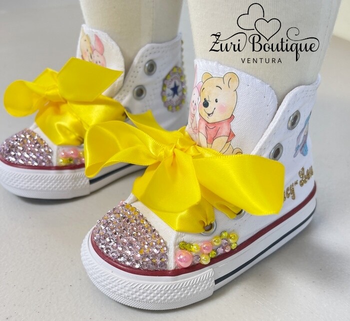 Winnie the Pooh in Pink and Yellow Bling HIGH TOP Converse Shoes