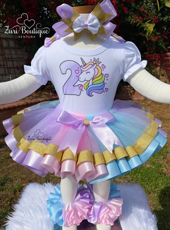 Unicorn Pastel Rainbow Tutu with Gold glitter Ribbon