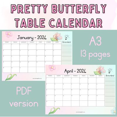 2024 Table Calendar - Pretty Butterfly