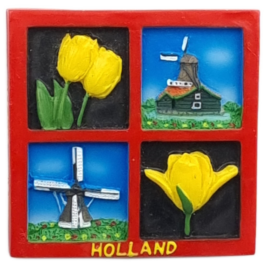 Koelkastmagneet vierluik Molens &amp; Tulpen rood