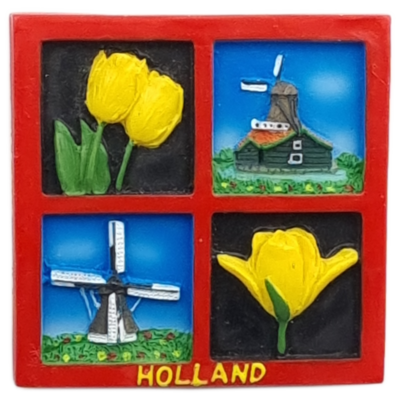 Koelkastmagneet vierluik Molens &amp; Tulpen rood