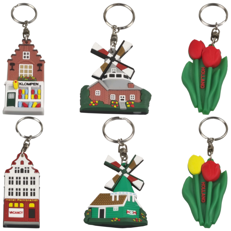Sleutelhanger Huisjes, molens, tulpen (6 assorti)