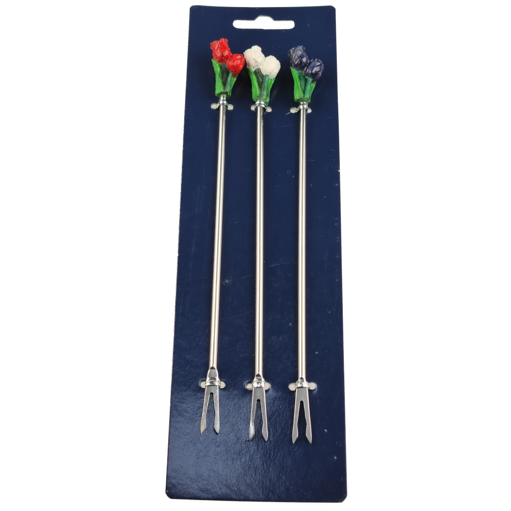 Fonduevork,set/3 bloemen r/w/b