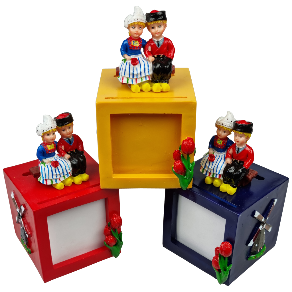Set van 3 vrolijk gekleurde spaarpotten met fotolijstje