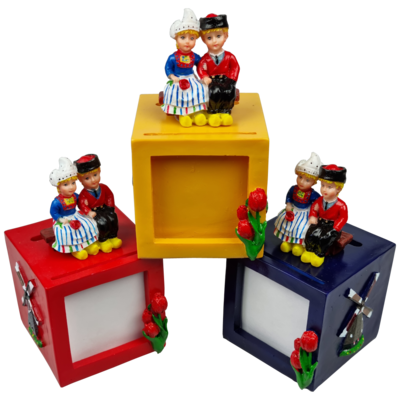 Set van 3 vrolijk gekleurde spaarpotten met fotolijstje