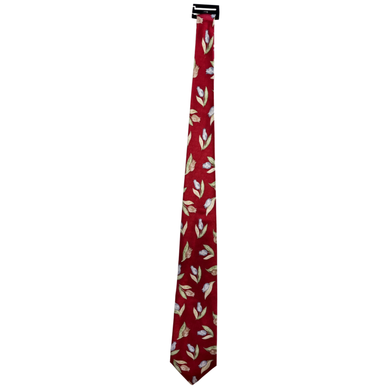 Zijden stropdas bordeaux rood, blauw/grijze tulpen