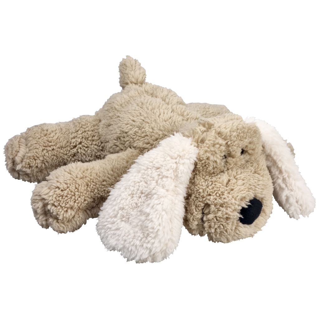 Liggende hond bruin met witte oren 25 cm