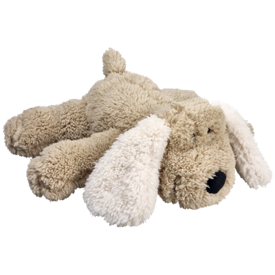 Liggende hond bruin met witte oren 25 cm