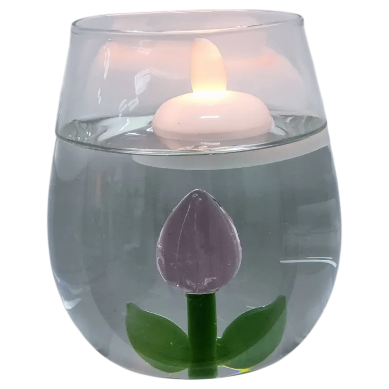 Glazen  LED-Kaarshouder met 3D Tulp
