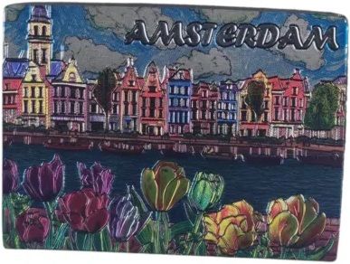 Magneet Amsterdam, gracht en tulpen - metallic glanspapier