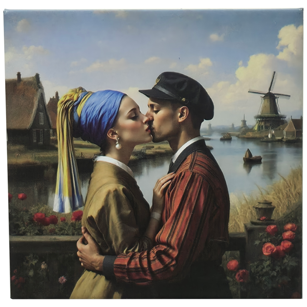 Zoenend meisje met de parel