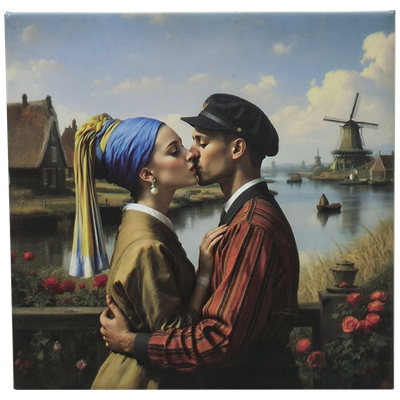 Zoenend meisje met de parel