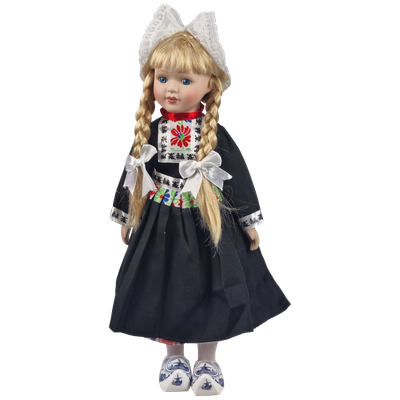 Porseleinen Pop met zwart schort 40 cm