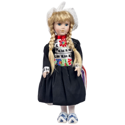 Porseleinen Pop met zwart schort 30 cm