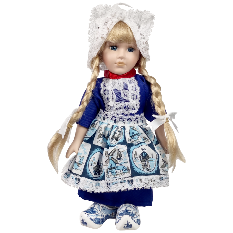 Porseleinen Pop met tegelmotief schort 25 cm