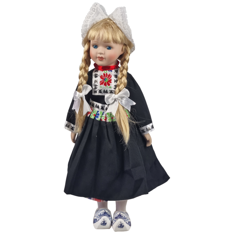 Porseleinen Pop met zwart schort 40 cm