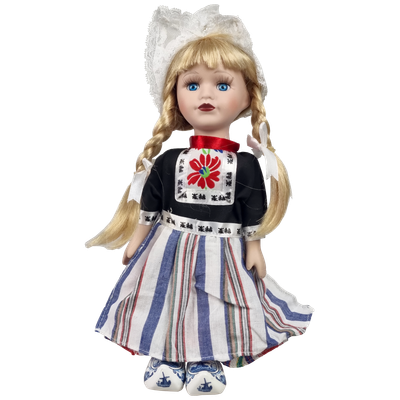 Porseleinen Pop met bont schort 25 cm