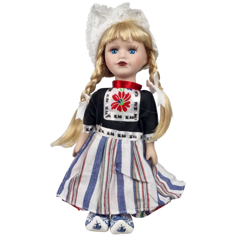 Porseleinen Pop met bont schort 25 cm