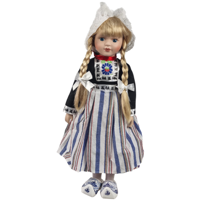 Porseleinen Pop met bont schort 40 cm