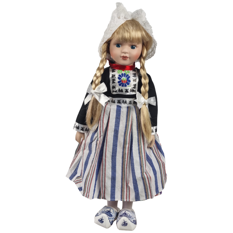 Porseleinen Pop met bont schort 40 cm