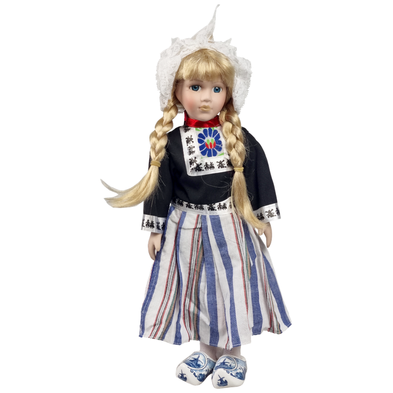 Porseleinen Pop met bont schort 30 cm