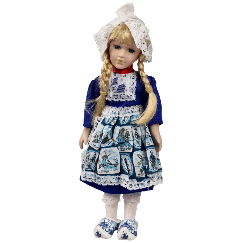 Porseleinen Pop met tegelmotief schort 30 cm