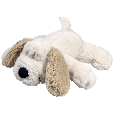 Liggende hond wit met bruine oren 25 cm