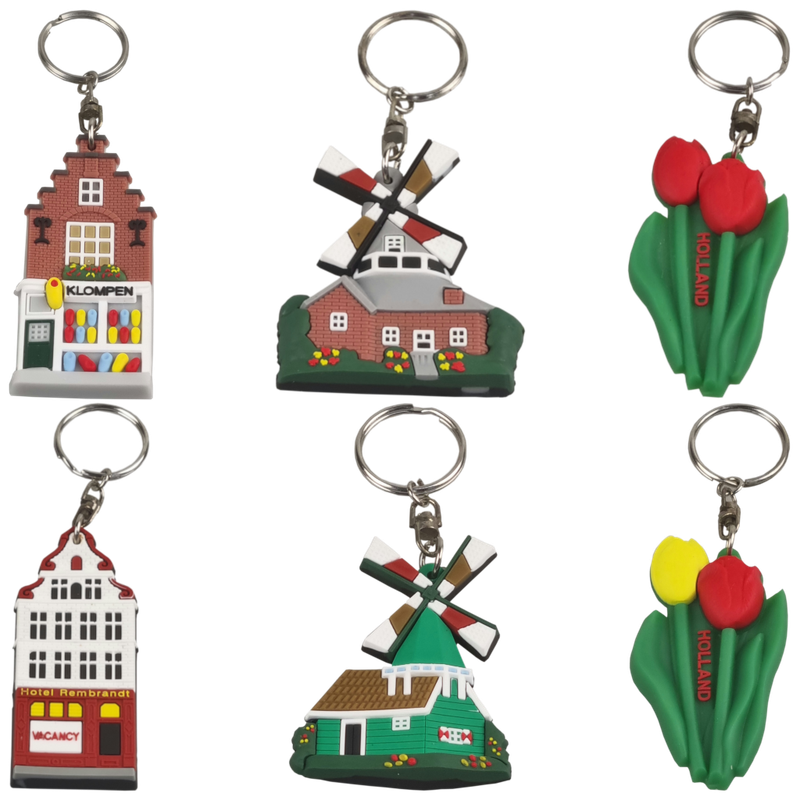 Huisjes, molens, tulpen set/6 assorti - sleutelhanger