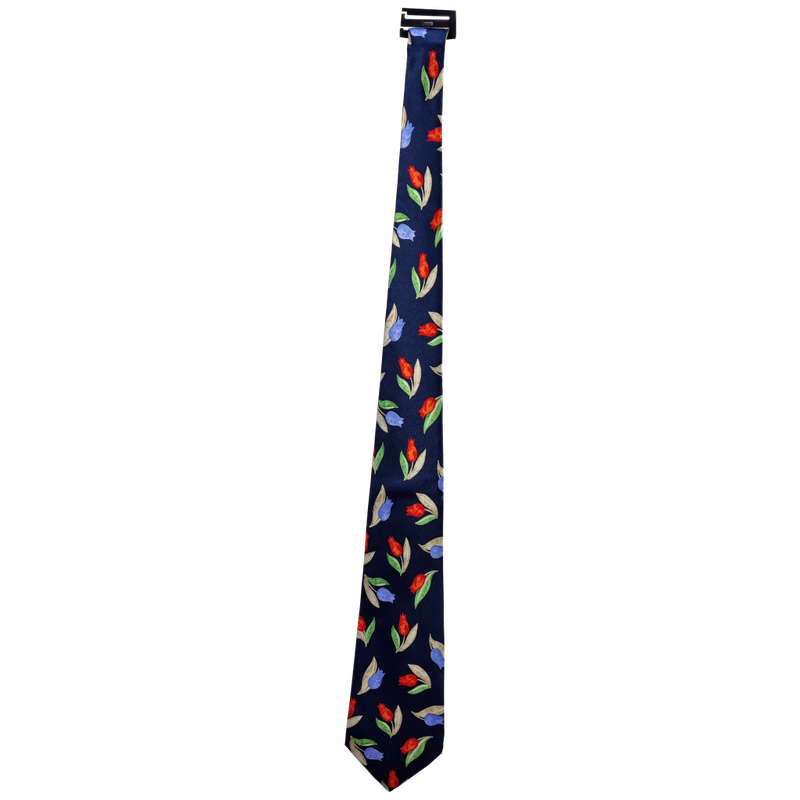 Zijden stropdas marine, blauw/oranje tulpen