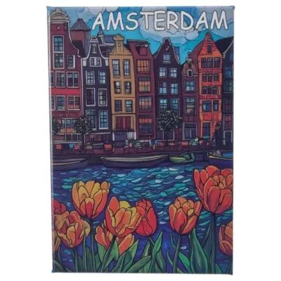 Magneet Amsterdam, tulpen en grachtenhuisjes - papier