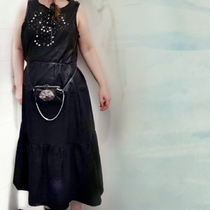 Mid black dress wool and pearls  - abito nero lungo lana eco pelle e perline XS  S M L XL XXL