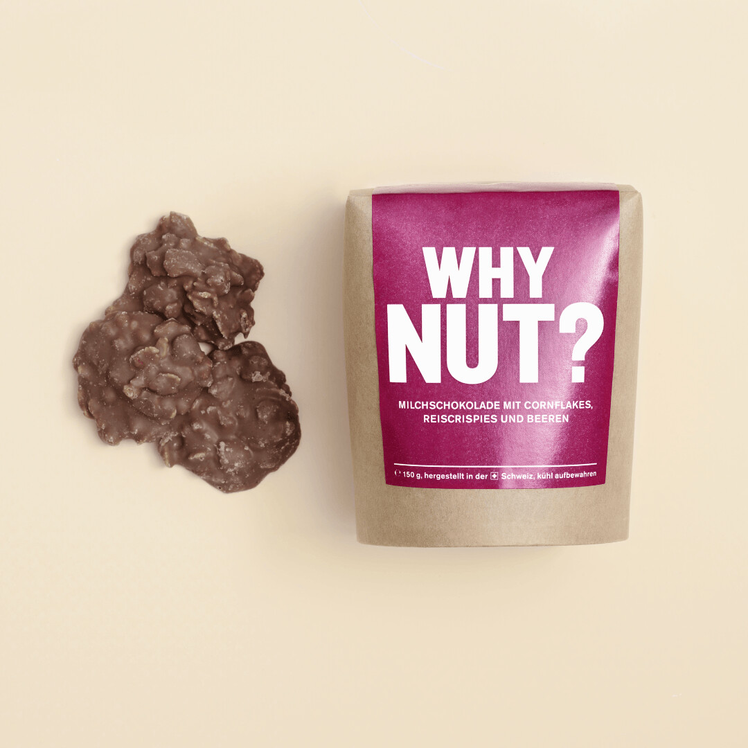WHY NUT? - Milchschokolade mit Cornflakes, Reiscrispies und Beeren WHY NUT? - Milchschokolade mit Cornflakes, Reiscrispies und Beeren