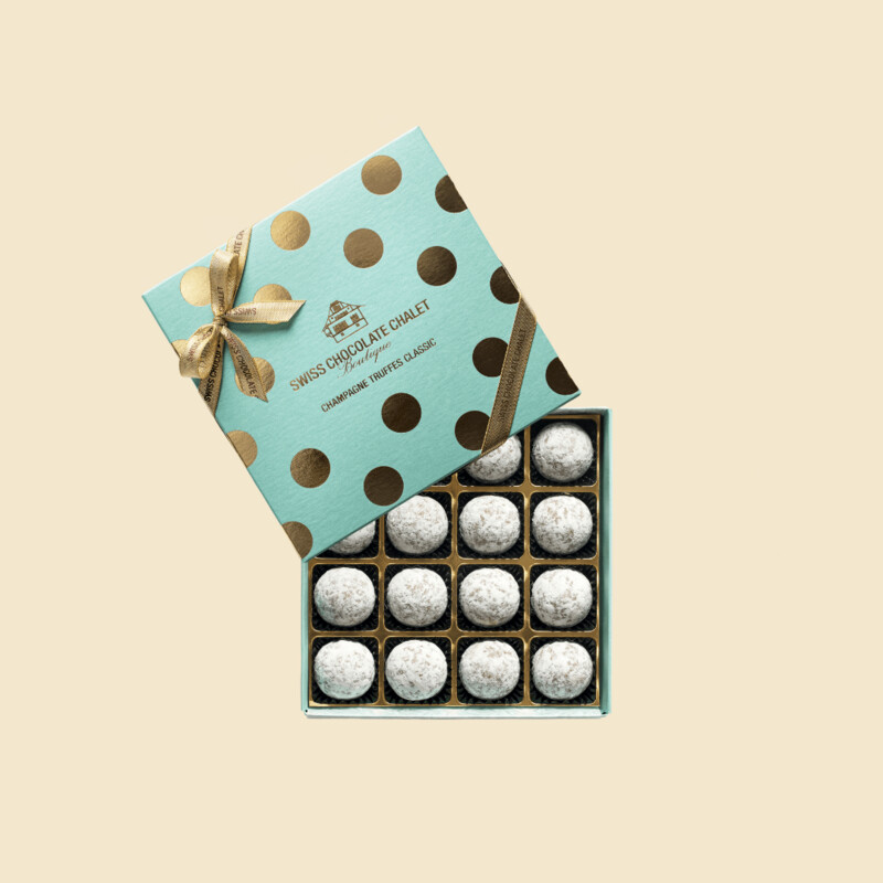 Champagner Truffes Classic "Polka Dots" Swiss Chocolate Chalet, 16 Stk.