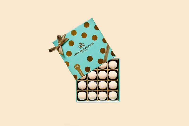 Champagner Truffes Pink "Polka Dots" Swiss Chocolate Chalet, 16 Stk.