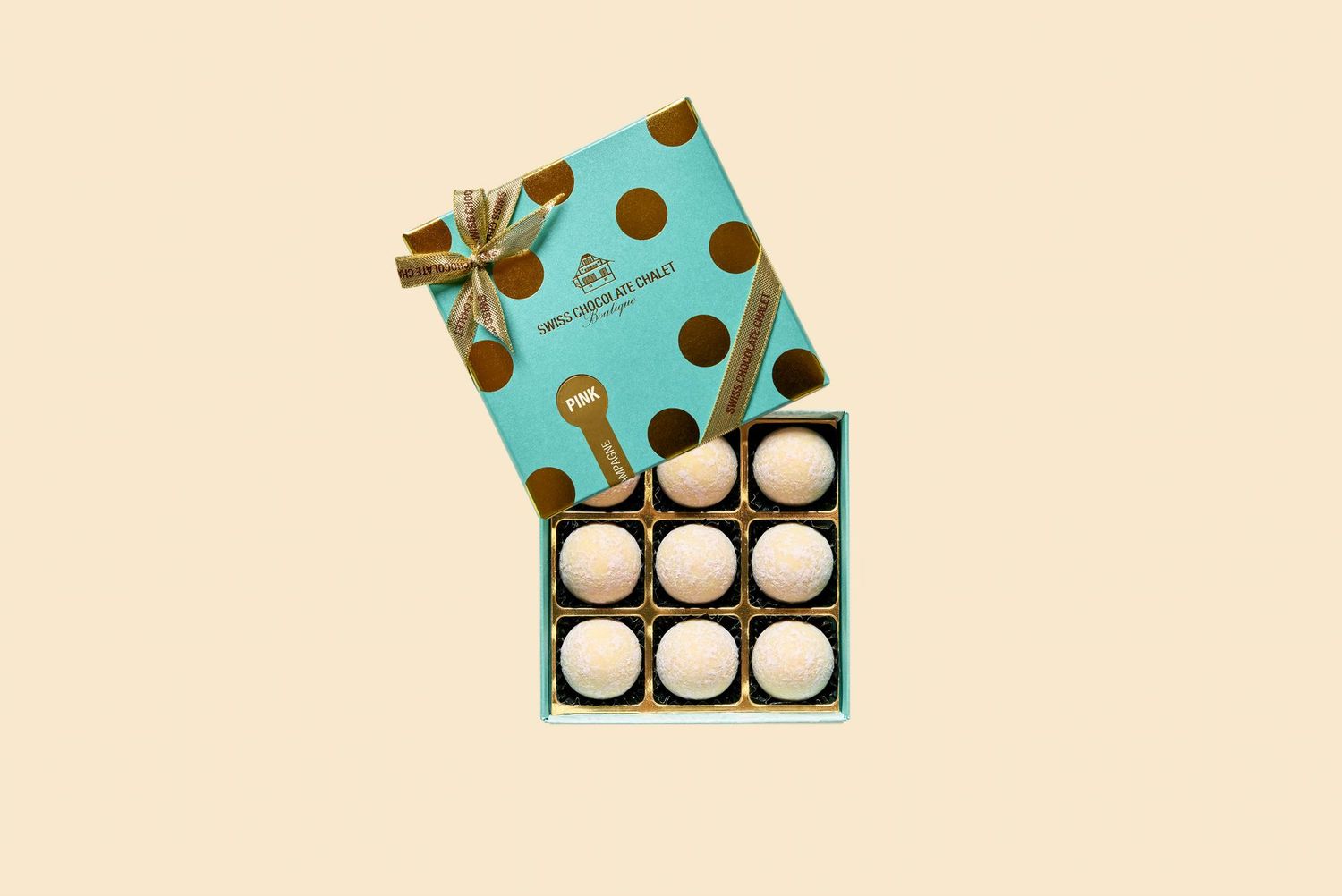 Champagner Truffes Pink "Polka Dots" Swiss Chocolate Chalet, 9 Stk.